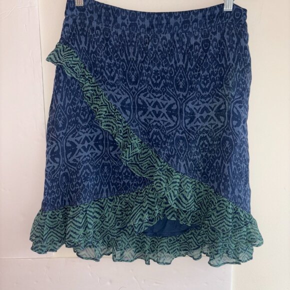 Free People Around The World Ruffle Pattern Mini Skirt Green And Blue Size 6 - Picture 10 of 11